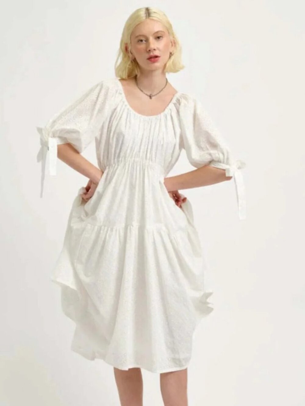 ELIZA FAULKNER Jolen Midi Dress White Eyelet x Free Puff sleeve w/ Ties Tiered